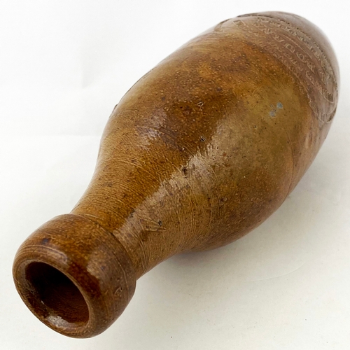 542 - FLAT BOTTOMED SALT GLAZE HAMILTON. 7.75ins long, blob lip. Impressed J. BOURNE/ PATENTEE - 4 lines o... 