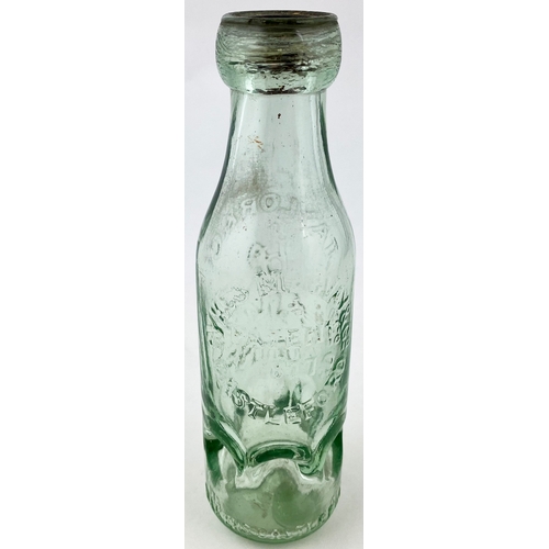 554 - STAINES SYKES MACVAY PATENT BOTTLE.  7.4ins tall, aqua glass, 6oz size. Six circular base indents, m... 