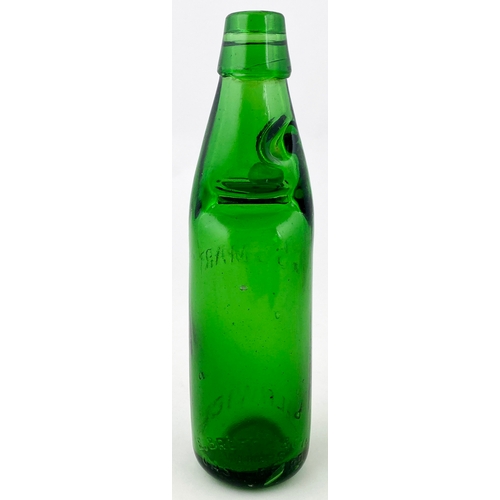 559 - ALNWICK CODD BOTTLE. 9.4ins tall. 2 neck retaining neck lugs, bright green glass. Heavily embossed G... 