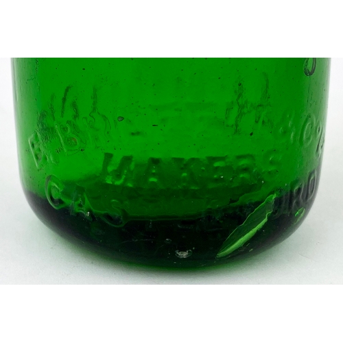 559 - ALNWICK CODD BOTTLE. 9.4ins tall. 2 neck retaining neck lugs, bright green glass. Heavily embossed G... 