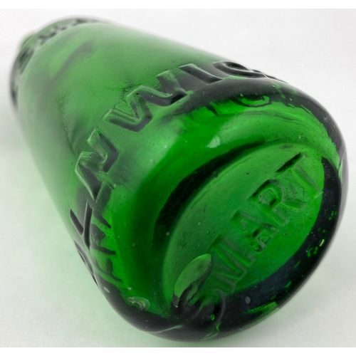 559 - ALNWICK CODD BOTTLE. 9.4ins tall. 2 neck retaining neck lugs, bright green glass. Heavily embossed G... 