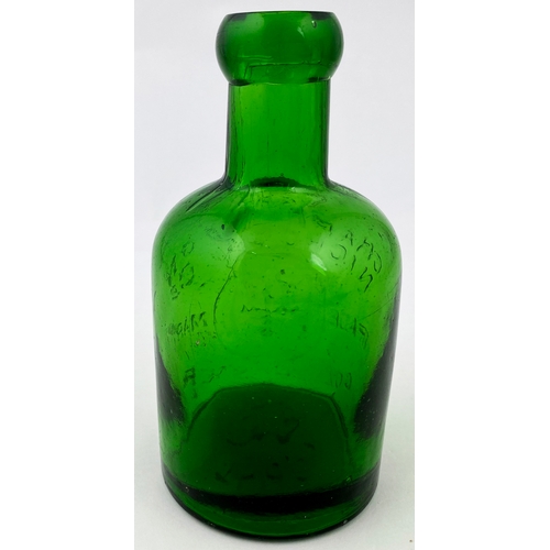 564 - COLCHESTER SELTZER BOTTLE. 5.4ins tall, bright green glass. Embossed CHARRINGTON/ NICHOLL & CO, shie... 