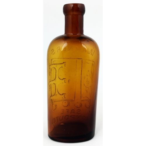 603 - WARNER’S SAFE COMPOUND BOTTLE. 6ins tall. Sloping shoulders, long neck, blob lip. Heavily embossed W... 