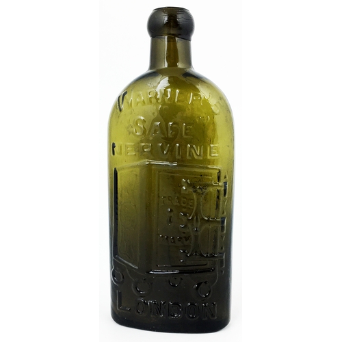 607 - WARNERS SAFE NERVINE BOTTLE.  7.8ins tall. Dark emerald green, sloping shoulders, blob lip. Embossed... 