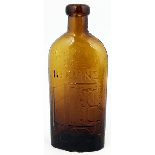 608 - WARNERS SAFE NERVINE BOTTLE. 7.8ins tall. Variating dark amber, sloping shoulders, long neck, blob l... 