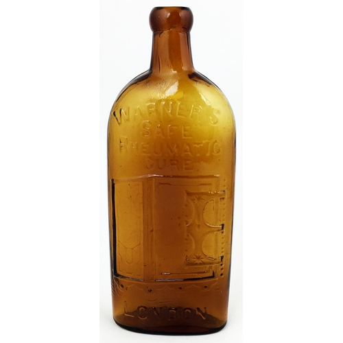 609 - WARNERS SAFE RHEUMATIC CURE BOTTLE. 9.6ins tall. Red/ amber, sloping shoulders, long neck, blob lip.... 