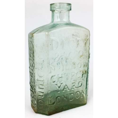 613 - DAFFYS ELIXIR BOTTLE.  5ins tall. Aqua glass, rectangular, bevelled corners, crossed hinge mould, ba... 