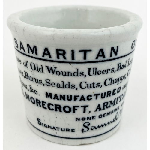 595 - THE GOOD SAMARITAN OINTMENT POT. 1.75ins tall. SAMUEL MORECROFT. etc - writing encircling the full p... 