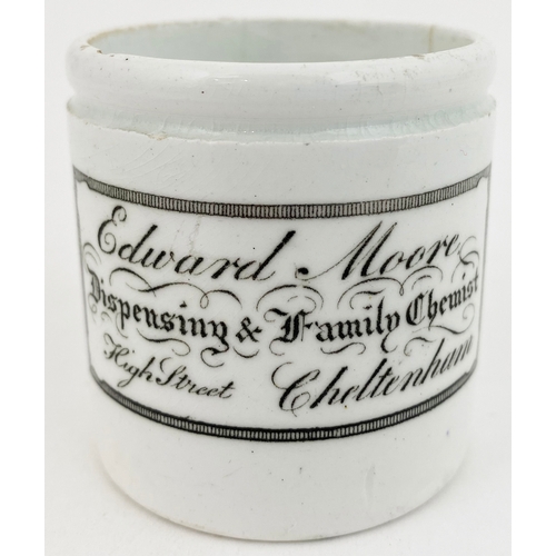 596 - CHELTENHAM OINTMENT POT. 2ins tall. EDWARD MOORE etc - 3 delightful lines of script. Side hairlines ... 