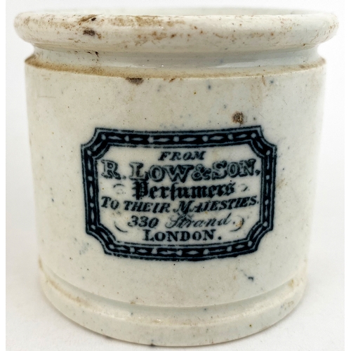 598 - LONDON OINTMENT POT. 2.5ins tall, very heavy/ thick walled early style with pronounced lip to take c... 