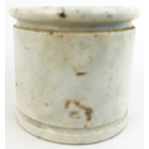 598 - LONDON OINTMENT POT. 2.5ins tall, very heavy/ thick walled early style with pronounced lip to take c... 