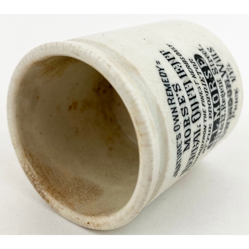 599 - SWINDON OINTMENT POT. 2ins tall. L. L. MORSE/ HERBAL OINTMENT etc - 9 lines of writing. Body stains ... 