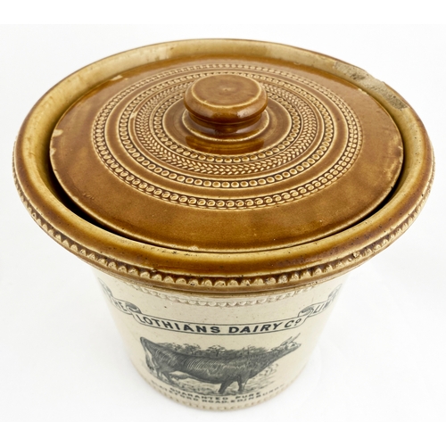 578 - LOTHIAN DAIRY BUTTER CROCK. 7.2ins tall, t.t., inc lid (several flakes). Spectacular detailed Buchan... 