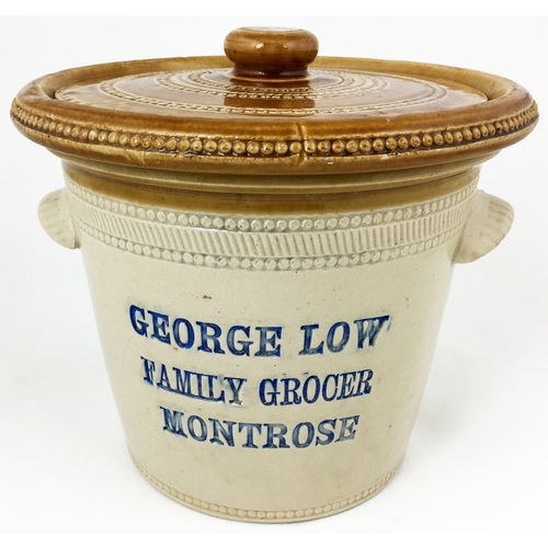 579 - MONTROSE BUTTER CROCK.   7.25ins tall, t.t., plus lid (small inmanufacture glaze blow mark), 2 side ... 