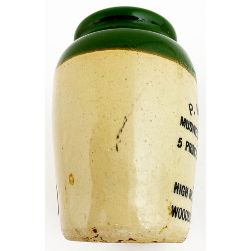 582 - EAST FINCHLEY CREAM POT. 3.75ins tall. Green top. Sim ple linear transfer, strong black. Side hairli... 