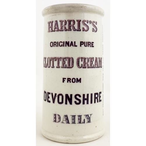 588 - HARRIS’S DEVONSHIRE CLOTTED CREAM CYLINDER. 5ins tall. Purple transfer both sides with rear image of... 