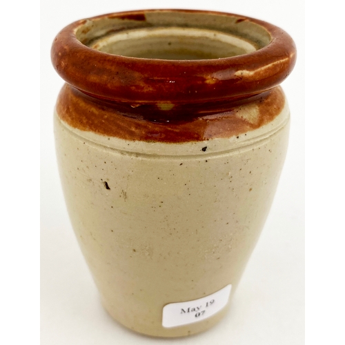 592 - SOUTHSEA CREAM POT. 3ins tall. Brown top, scroll & milkmaid/ cow pict to centre. THE SOUTHSEA DAIRY ... 