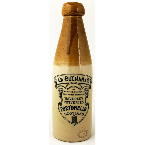 689A - BUCHAN TRADESMANS SAMPLE GINGER BEER.  8.9ins tall, ch., t.t., screw stopper. Featuring both a blue ... 