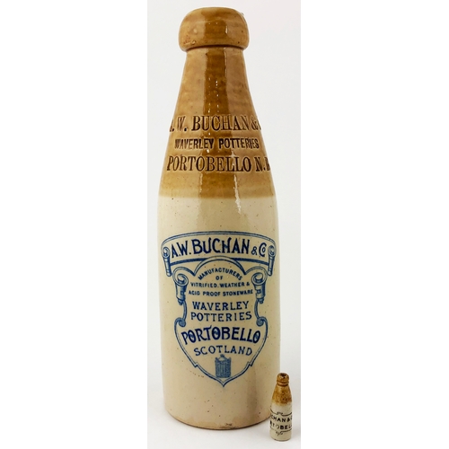 689A - BUCHAN TRADESMANS SAMPLE GINGER BEER.  8.9ins tall, ch., t.t., screw stopper. Featuring both a blue ... 