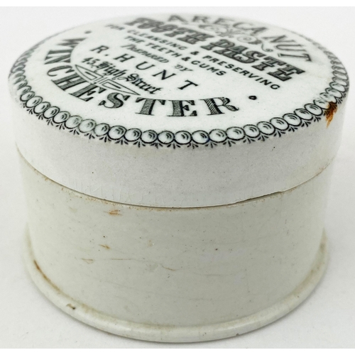 629 - WINCHESTER ARECA NUT TOOTH PASTE POT LID & BASE. 3ins diam. R. HUNT/ 45 HIGH STREET. Very minor rust... 