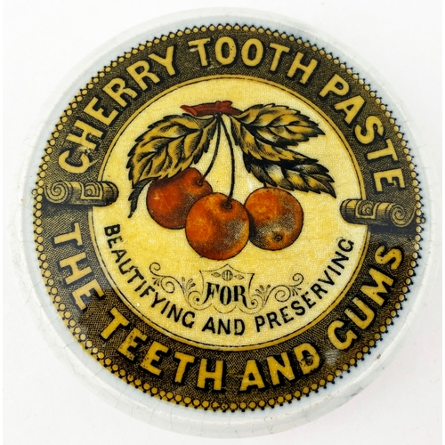 633 - COLOURED CHERRIES TOOTH PASTE POT LID. 3ins diam. Strong yellow, orange & black transfer - bunch of ... 