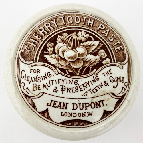 638 - JEAN DUPONT CHERRY TOOTH PASTE POT LID & BASE. 3.25ins diam. Wonderful sharp brown transfer of cherr... 