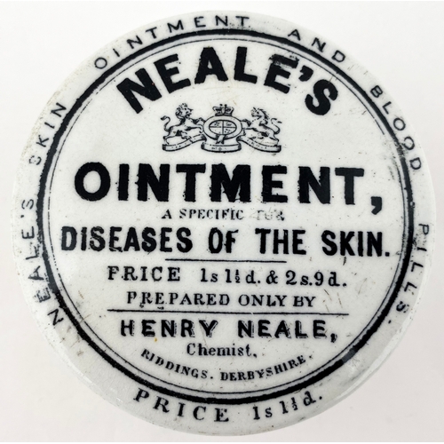 641 - DERBYSHIRE NEALE’S OINTMENT POT LID & BASE. 3ins diam. Very strong black transfer. HENRY NEALE/ PRIC... 