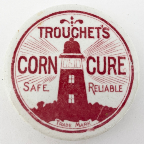 642 - TROUCHETS CORN CURE POT LID. 2ins diam. Good red transfer. Slight bottom edge stain & tiny nicks. (9... 