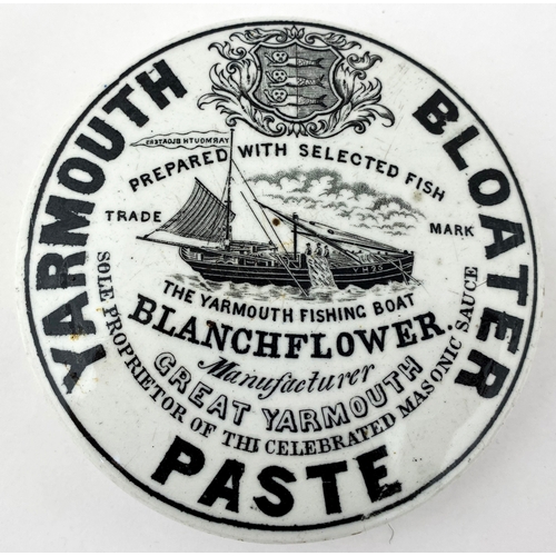 643 - YARMOUTH BLOATER PASTE POT LID. 3.75ins diam. Classic fishing smack pictorial - a really strong & cr... 