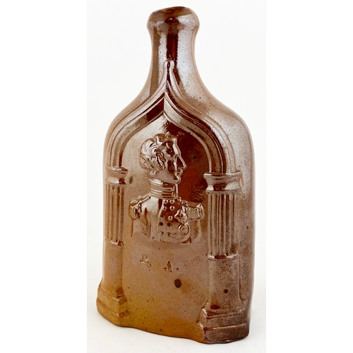 660 - VICTORIA & ALBERT MOULDED FLASK.  7.5ins. Shiny brown salt glaze, round shouldered rectangular flask... 