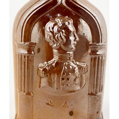 660 - VICTORIA & ALBERT MOULDED FLASK.  7.5ins. Shiny brown salt glaze, round shouldered rectangular flask... 