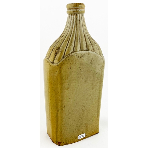 663 - NOTTINGHAM SLAB SEAL FLASK. 11ins tall. Grey/ green glaze, sloping ribbed shoulders, rectangular bod... 