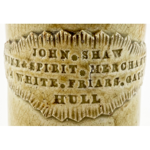 664 - HULL SLAB SEAL PORTER. 9ins tall. Grey/ green slip glaze. Pie crust seal ‘JOHN. SHAW/ WINE & SPIRIT ... 