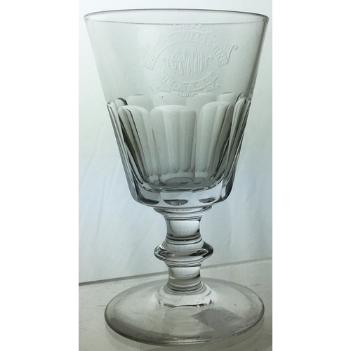 404 - RAILWAY WINE GLASS. 4.7ins tall. Cut lead glass form on stem etched logo ‘GREAT WESTERN/ GWR/ HOTEL.... 