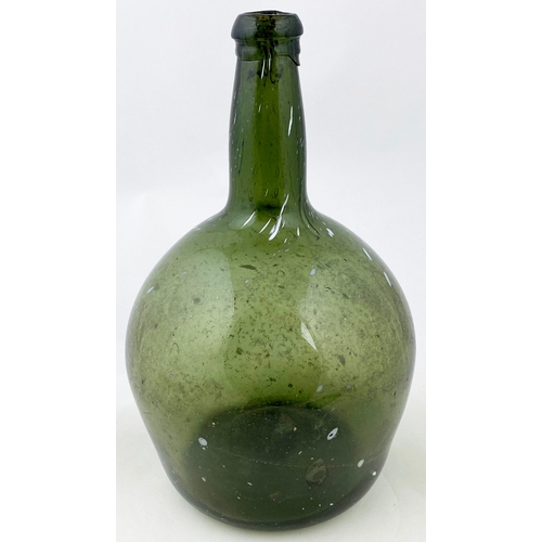 679 - NAILSEA BOTTLE. 10.5ins tall. Mid emerald green glass, long neck, sloping shoulders & large bulbous/... 