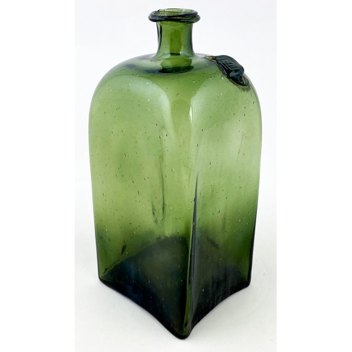 681 - SEALED GIN BOTTLE.  7.5ins tall. Mid/ bright olive green glass, reannealed lip with delicate string ... 