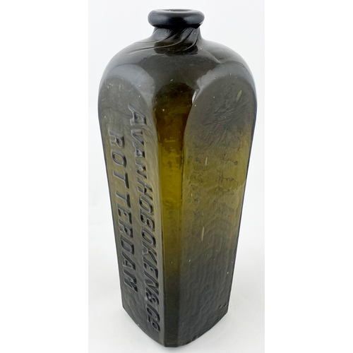 683 - SEALED & EMBOSSED GIN BOTTLE.   10.75ins tall. Mid green, square body tapers out, pig snout lip, bas... 