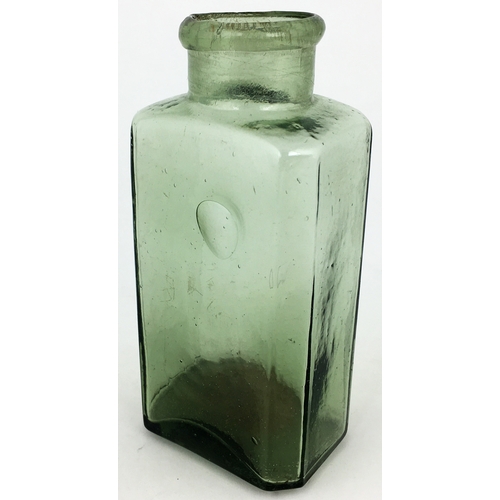 684 - EARLY ENGLISH WIDE MOUTHED UTILITY BOTTLE. 5.5ins tall. Variating aqua hues, tinged/ green, glass, r... 