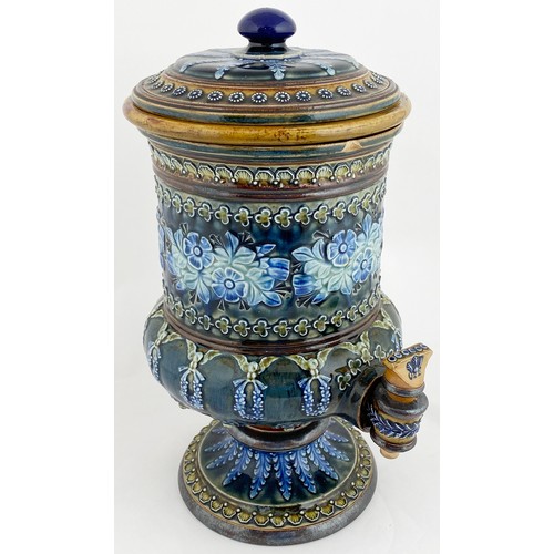 654 - DOULTON WATER FILTER.   13.5ins tall to lid top, blue, brown & green stoneware glazes. Features flor... 