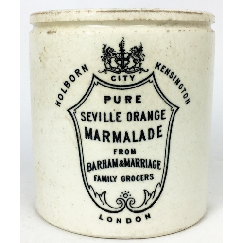 240 - BARHAM & MARRIAGE MARMALADE JAR. 3.75ins tall. HOLBORN/ KENSINGTON CITY/ FAMILY GROCERS. Impressed P... 