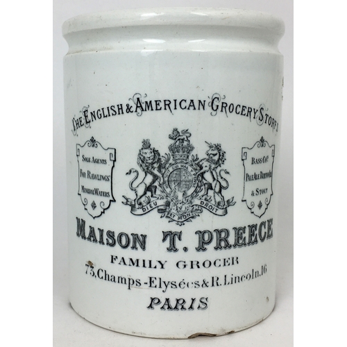 244 - PARIS GROCERY STORE JAR. 4.75ins tall. THE ENGLISH & AMERICAN GROCERY STORES/ MAISON T. PREECE. Crei... 