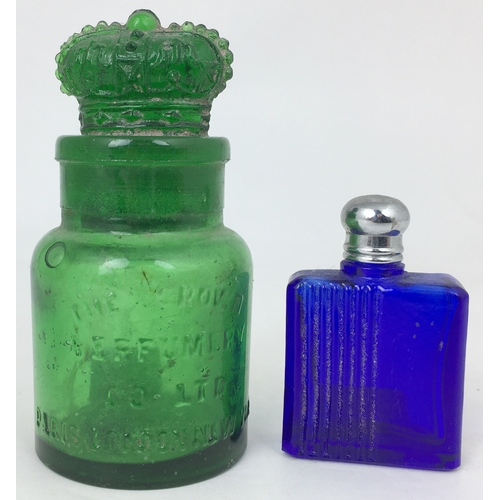 247 - PERFUME DUO. Tallest 3ins. Bright green, embossed CROWN PERFUMERY, crown stopper plus cobalt blue sq... 