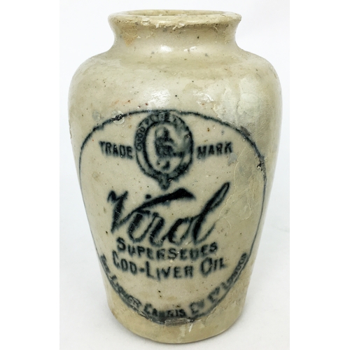 249 - VIROL JARS GROUP. Tallest 5.5ins. BONE- MARROW & COD LIVER OIL. Various sizes. Damages, the rare exa... 