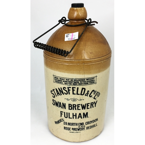 254 - FULHAM FLAGON. 14ins tall, t.t. STANSFELD & CO LTD/ SWAN BREWERY. Impressed PATENT/ R to rear. Body ... 