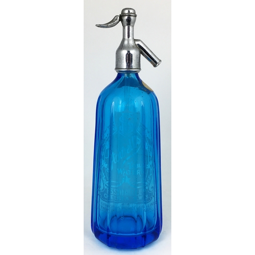 256 - CHELSEA SODA SYPHON. 13.5ins, acid etched, bright blue. STOWELLS/ TABLE WATERS. Complete with trigge... 