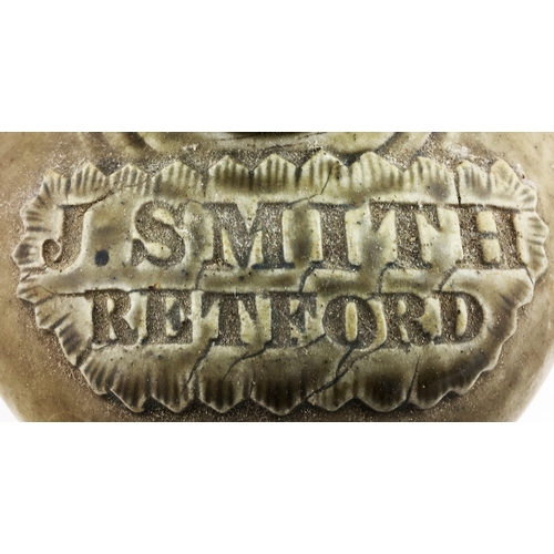 302 - RETFORD FLAGON. 10ins tall, impressed slab seal. J. SMITH/ RETFORD. Usual in-manufacture body flaws,... 