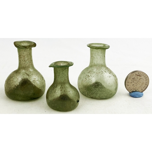 329 - MINIATURE ANTIQUE ONION BOTTLE SHAPED TRIO. Tallest 1.5ins, greeny aqua glass, pontilled. Absolutely... 