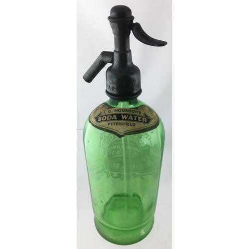 1 - FAREHAM & HAVANT SODA SYPHON. 11.5ins tall. Pewter topped bright green glass syphon featuring ornate... 