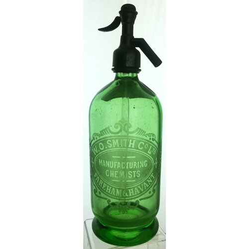 1 - FAREHAM & HAVANT SODA SYPHON. 11.5ins tall. Pewter topped bright green glass syphon featuring ornate... 