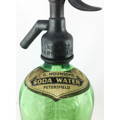 1 - FAREHAM & HAVANT SODA SYPHON. 11.5ins tall. Pewter topped bright green glass syphon featuring ornate... 